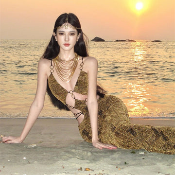 Style Hottie Sexy V-Neck Slings Body-Body-To-Scks Dress Seaside Holiday Style Design Reveals Back Dress